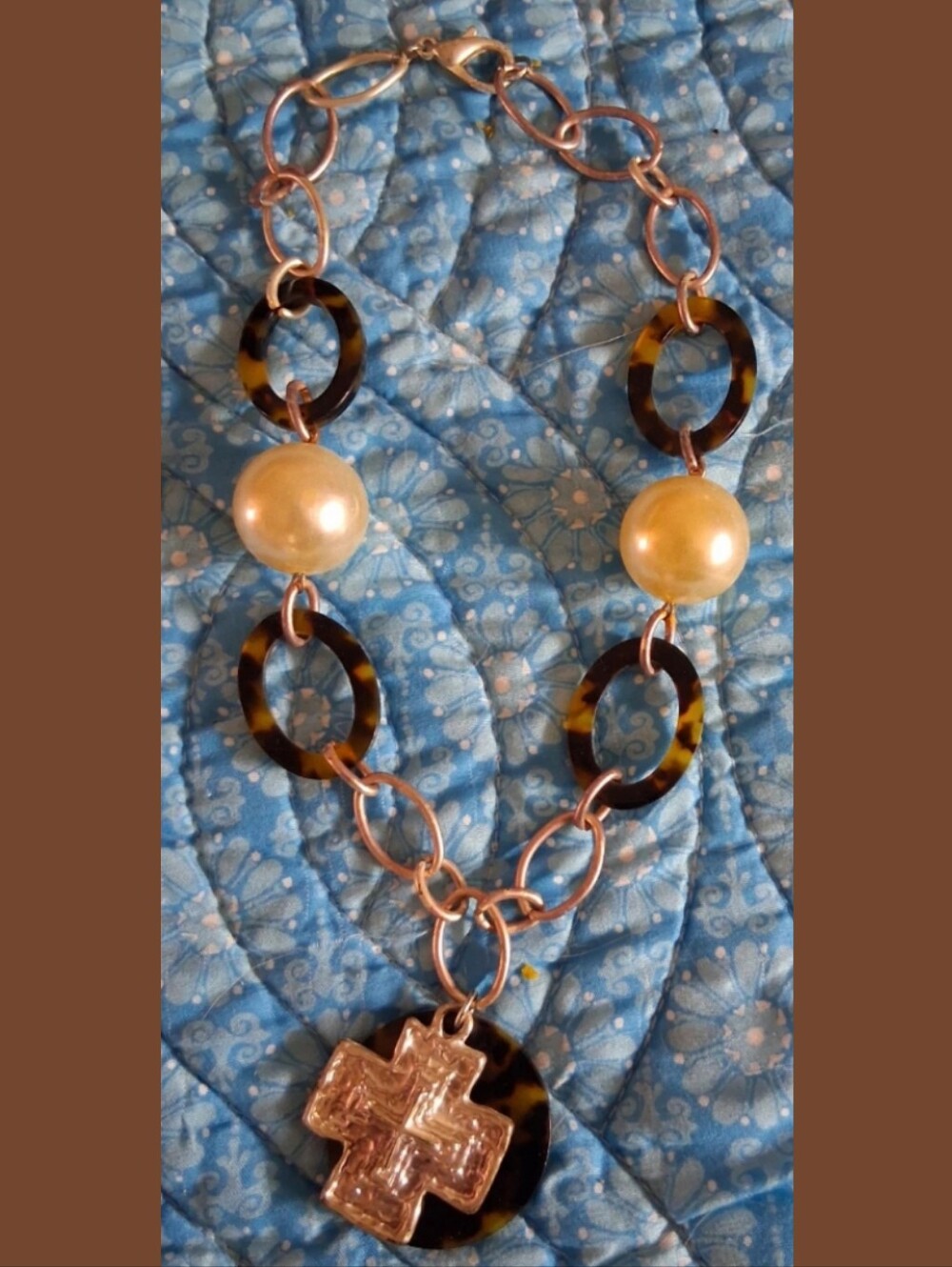 Pearl and Tortoiseshell Cross Pendant Necklace - Women Jewelry